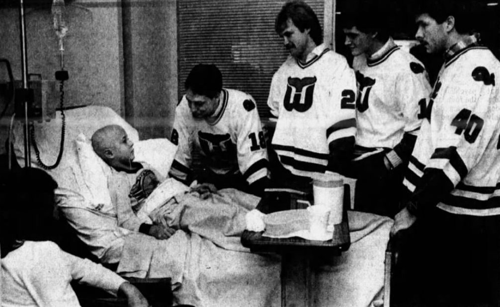 Bob Hess, Sylvain Turgeon, Tony Currie, and Mike Crombeen visit Kurt Sobert Jr. in the UCONN Health Center