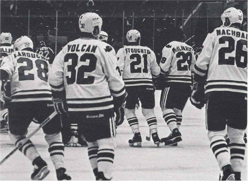 Mickey Volcan, Don Nachbauer, Pierre Larouche, Blaine Stoughton, and Jack McIlharge skate off the ice