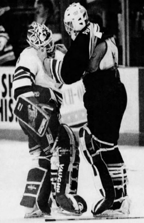 Sean Burke has a discussion with Mike Richter