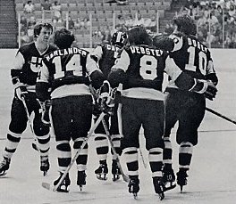 Tom Webster, Al Karlander, Jim Dorey, Terry Caffery celebrate a goal