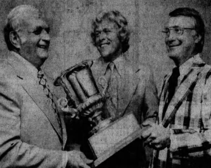 Ben Hatskin presents the 1974-75 WHA Eastern Division Championship Trophy to Howard Baldwin and Jack Kelly