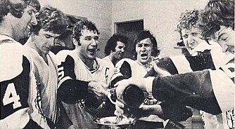 Whalers celebrate their WHA Championship, Pleau, Dorey, Green, French, Webster, Williams and Byers join the fun